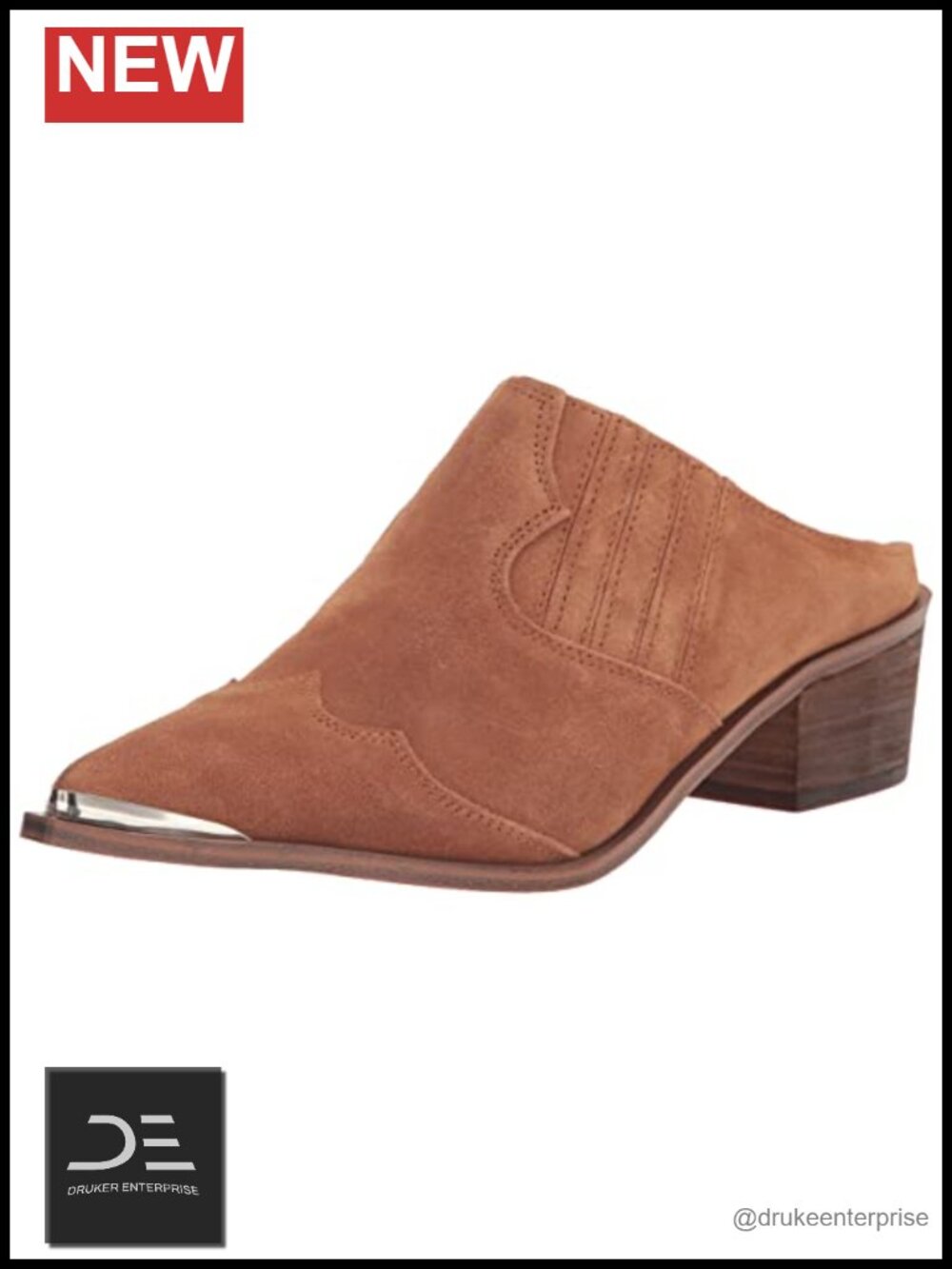 Western Stitch Detail Mule Shoes, Suede Pull-On with Block Heel